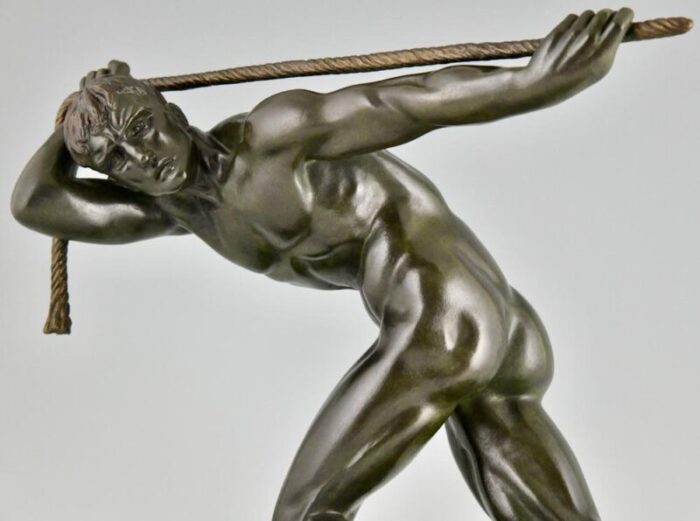 maurice guiraud riviere art deco sculpture of male nude athlete with rope 1930 bronze and marble 6519