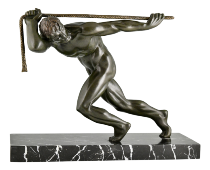 maurice guiraud riviere art deco sculpture of male nude athlete with rope 1930 bronze and marble 7156