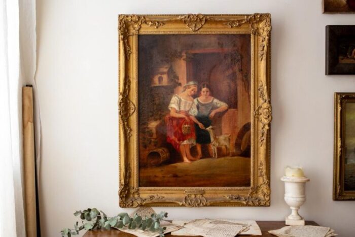 mid 19th century large antique portrait painting of two farm girls feeding goat framed 1068