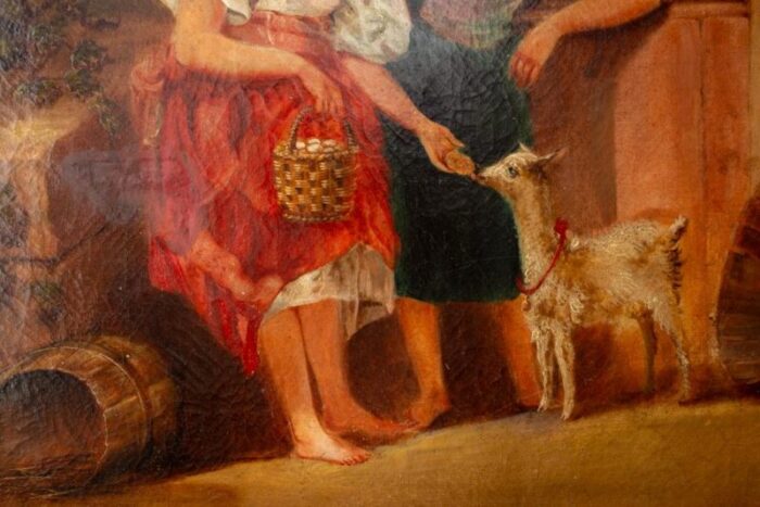 mid 19th century large antique portrait painting of two farm girls feeding goat framed 4545