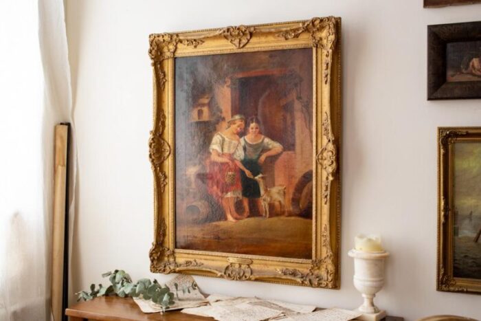 mid 19th century large antique portrait painting of two farm girls feeding goat framed 5297