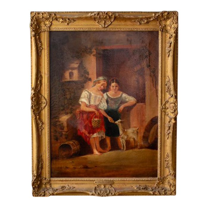 mid 19th century large antique portrait painting of two farm girls feeding goat framed 6495