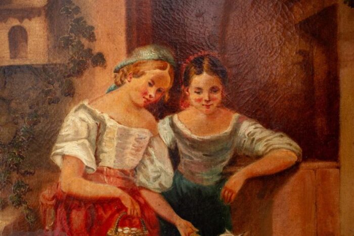 mid 19th century large antique portrait painting of two farm girls feeding goat framed 7247