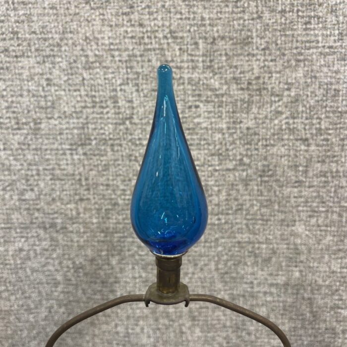 mid 20th century blenko style blue blown glass lamp with teardrop glass finial 2096