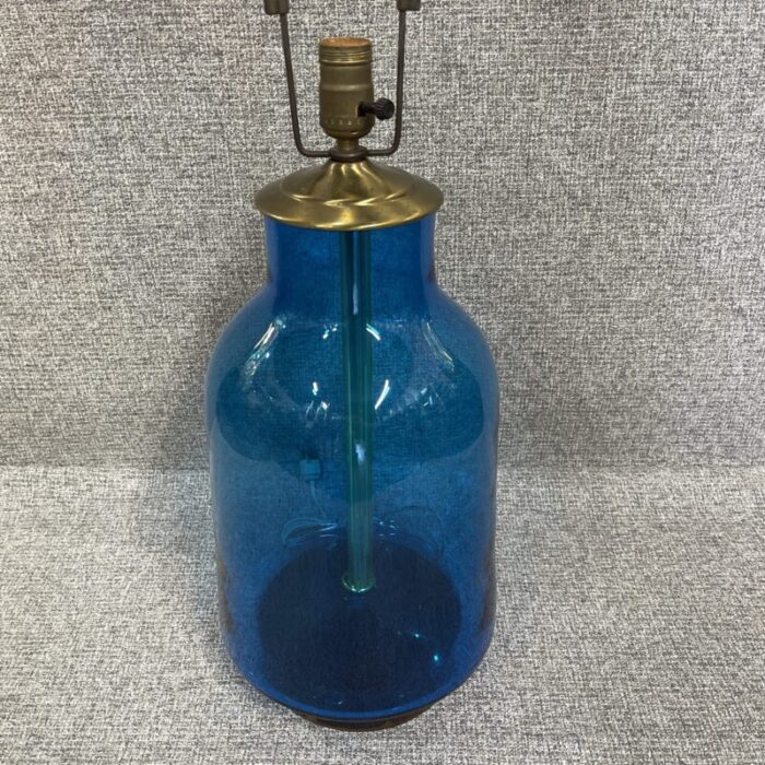 mid 20th century blenko style blue blown glass lamp with teardrop glass finial 5305