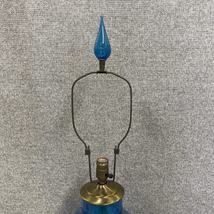 mid 20th century blenko style blue blown glass lamp with teardrop glass finial 6535