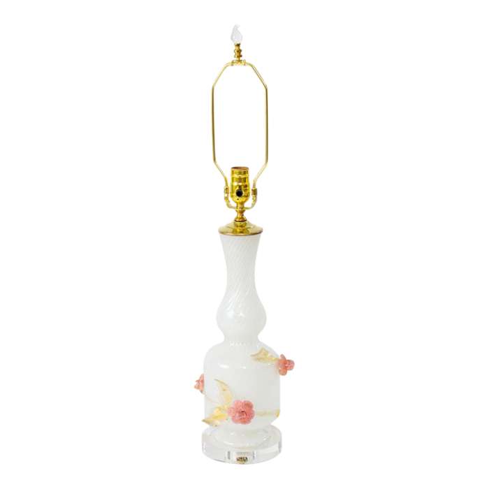 mid 20th century white pulegoso murano glass lamp with applied roses 4300