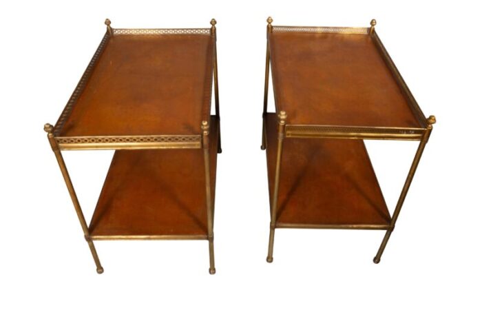 mid century brass and leather two tier end tables a pair 4132