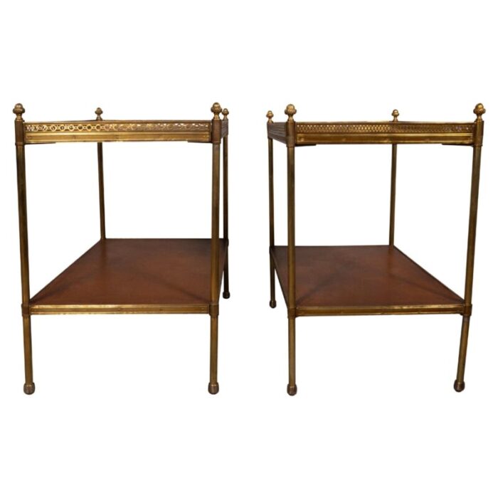 mid century brass and leather two tier end tables a pair 4286