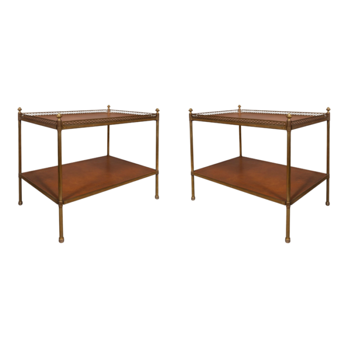 mid century brass and leather two tier end tables a pair 8059