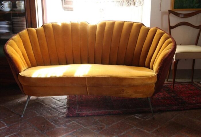 mid century curved sofa with brass feet in velvet by gio ponti 1352