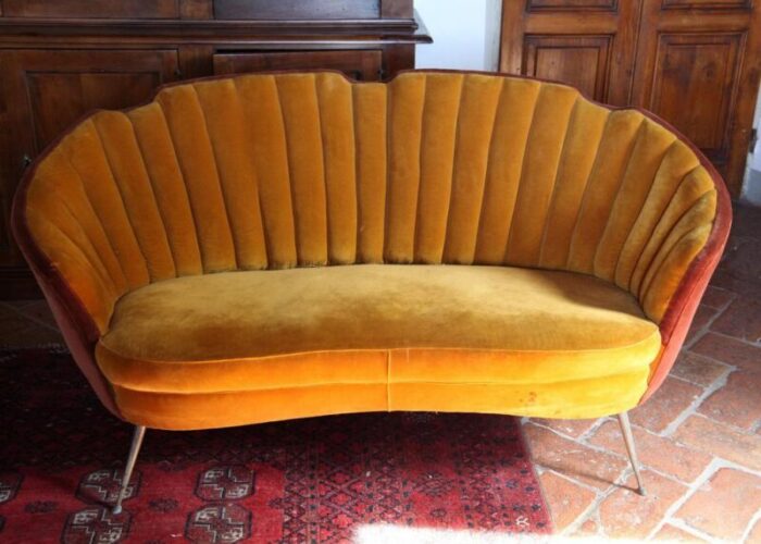 mid century curved sofa with brass feet in velvet by gio ponti 2434