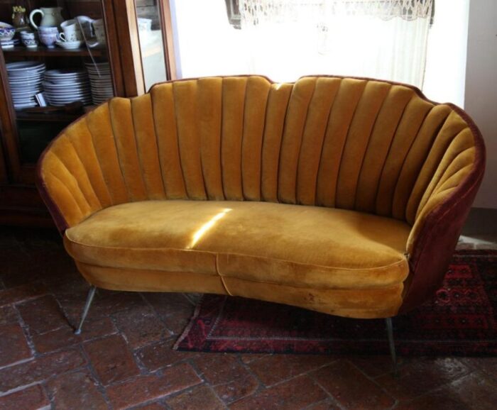 mid century curved sofa with brass feet in velvet by gio ponti 2872