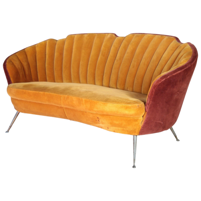 mid century curved sofa with brass feet in velvet by gio ponti 2958