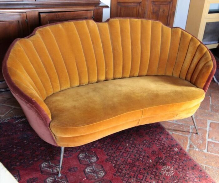 mid century curved sofa with brass feet in velvet by gio ponti 8390