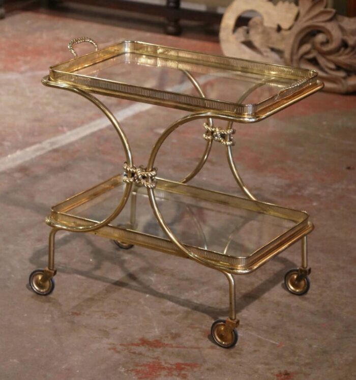 mid century french bagues style brass bar cart on wheels with removable tray 0420