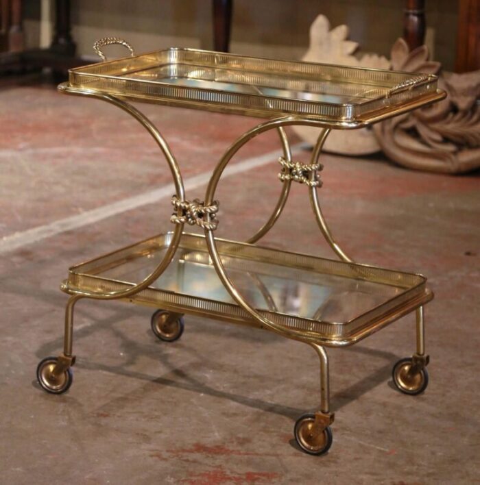 mid century french bagues style brass bar cart on wheels with removable tray 0844