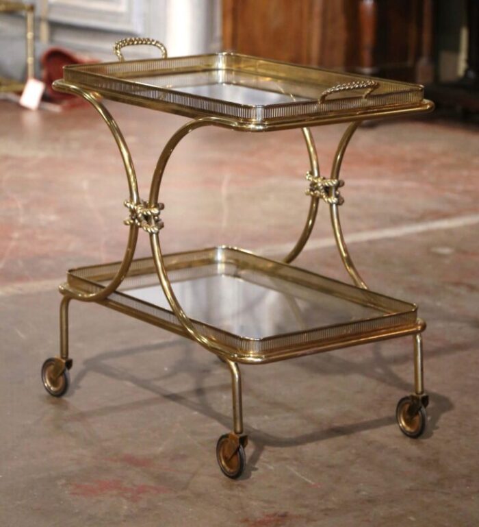 mid century french bagues style brass bar cart on wheels with removable tray 2343