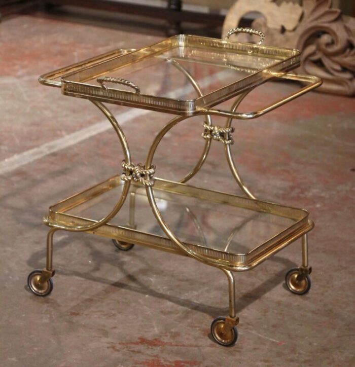 mid century french bagues style brass bar cart on wheels with removable tray 8726