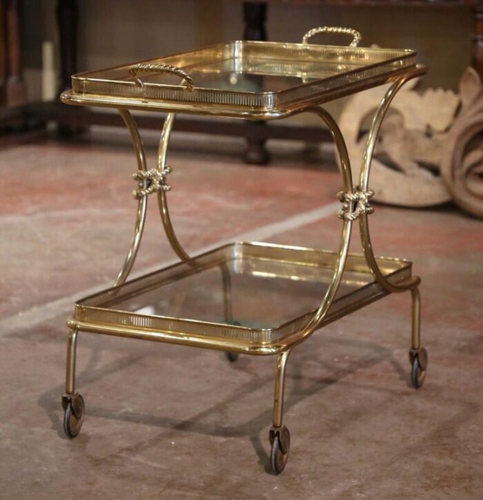 mid century french bagues style brass bar cart on wheels with removable tray 9566