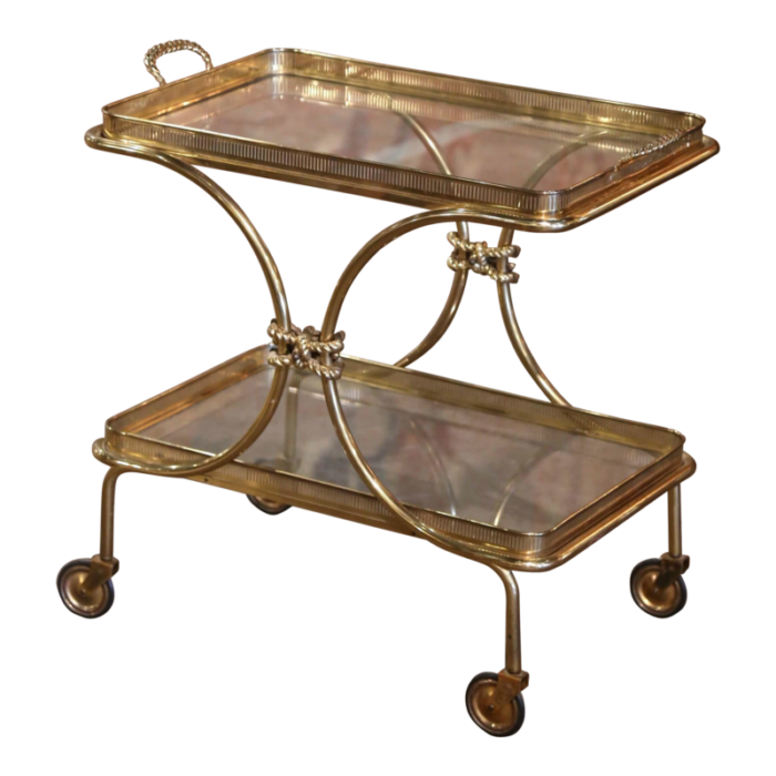 mid century french bagues style brass bar cart on wheels with removable tray 9900