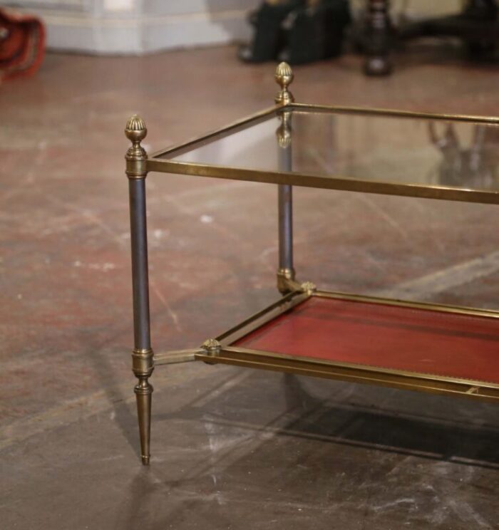 mid century french bronze and leather two tier coffee table from maison jansen 2730