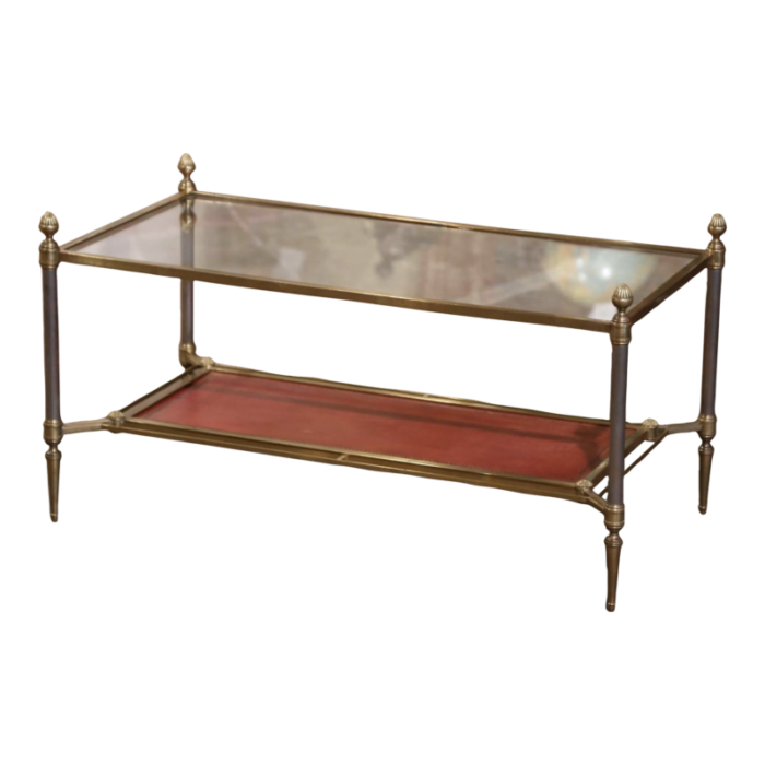 mid century french bronze and leather two tier coffee table from maison jansen 3154