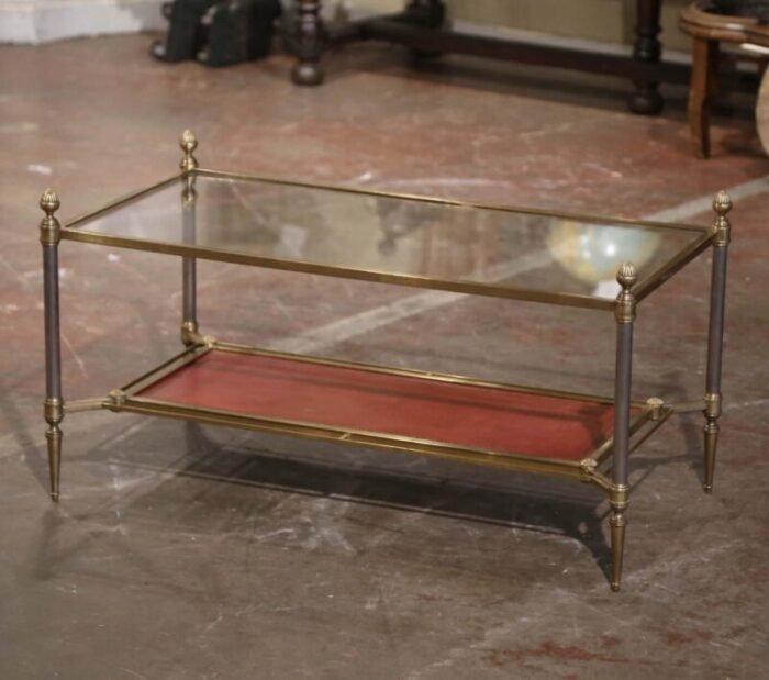 mid century french bronze and leather two tier coffee table from maison jansen 5146