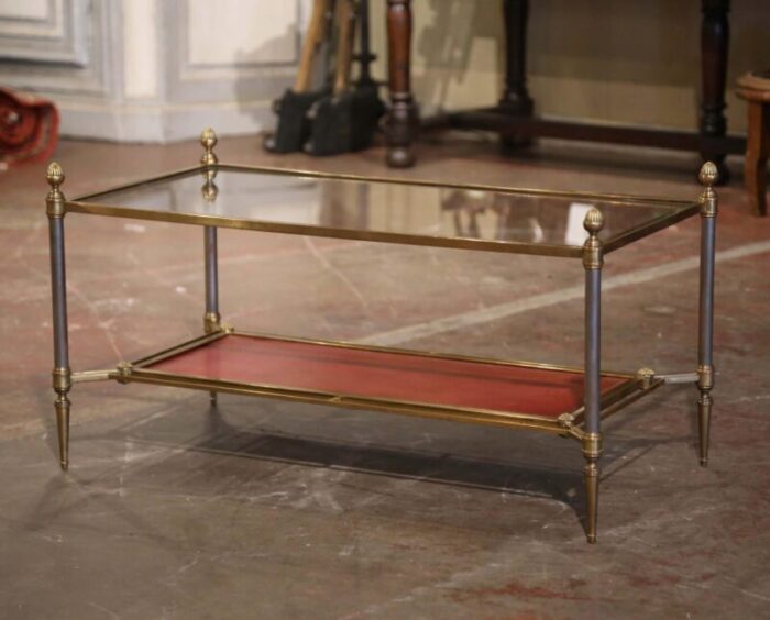 mid century french bronze and leather two tier coffee table from maison jansen 5851