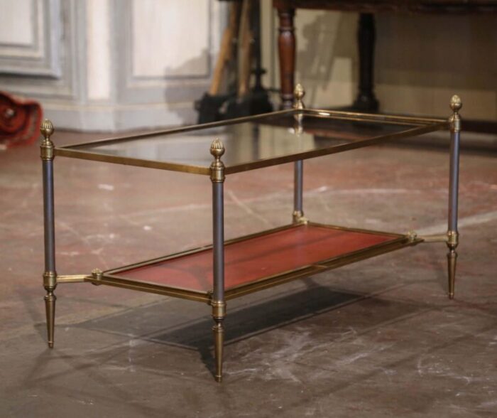 mid century french bronze and leather two tier coffee table from maison jansen 9992