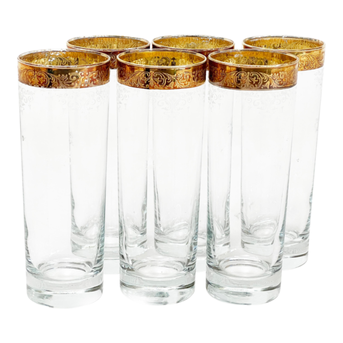 mid century italian cellini tall crystalware glasses w 24 kt gold plated rims 6 pieces 0845