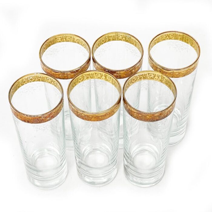 mid century italian cellini tall crystalware glasses w 24 kt gold plated rims 6 pieces 1839