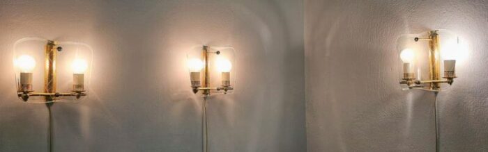 mid century italian wall sconces in brass and decorated glass 1950 set of 3 0714