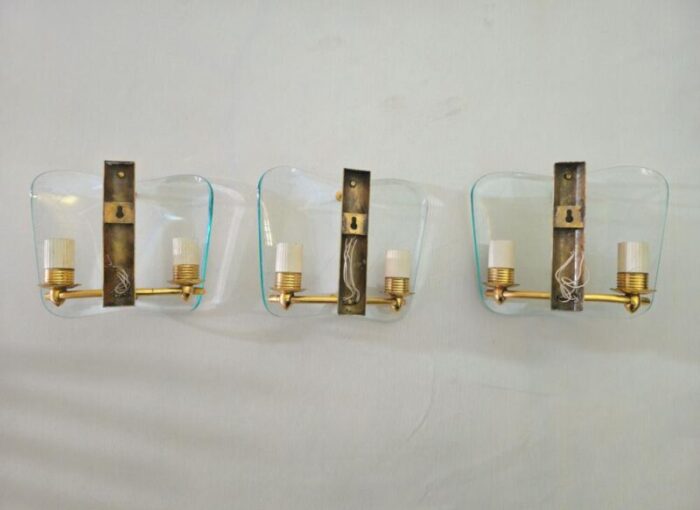 mid century italian wall sconces in brass and decorated glass 1950 set of 3 6686