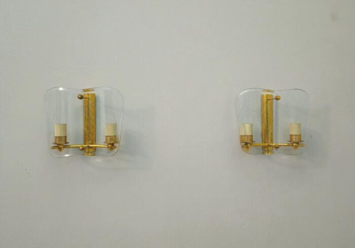 mid century italian wall sconces in brass and decorated glass 1950 set of 3 8598