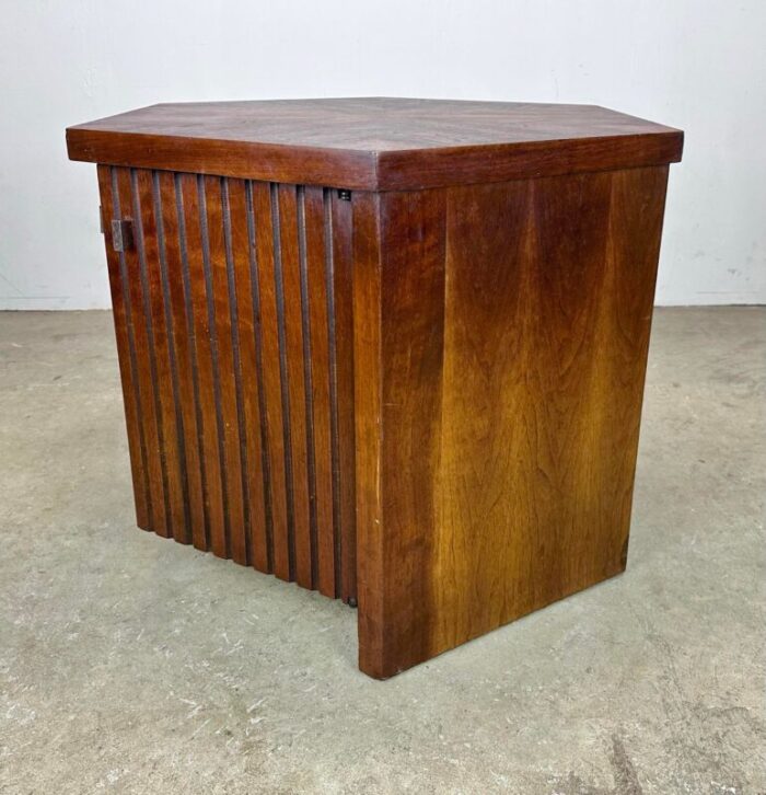 mid century modern lane tower suite hexagonal side table cabinet in walnut 1682