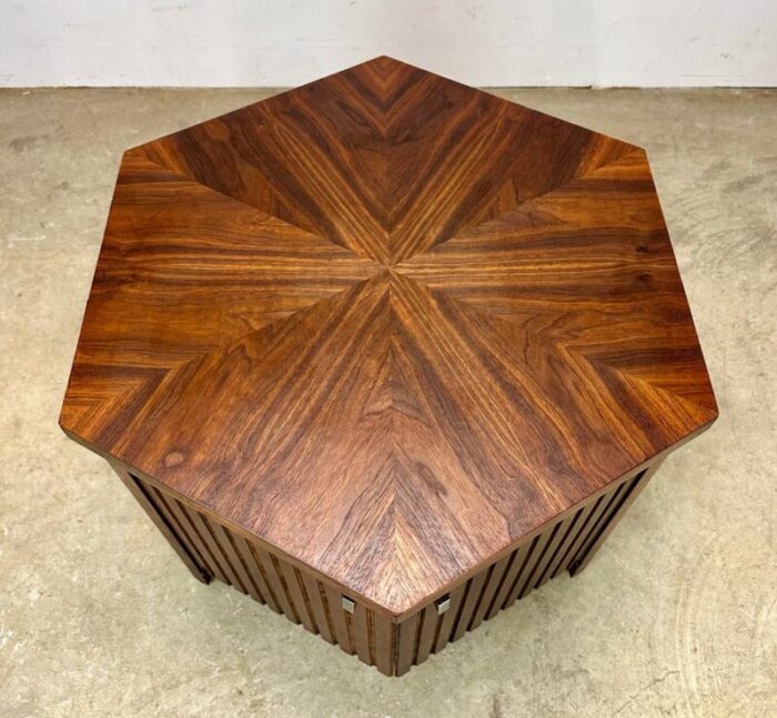 mid century modern lane tower suite hexagonal side table cabinet in walnut 5543