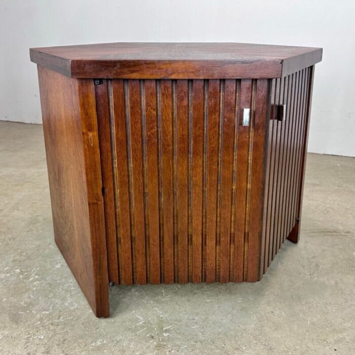 mid century modern lane tower suite hexagonal side table cabinet in walnut 6529