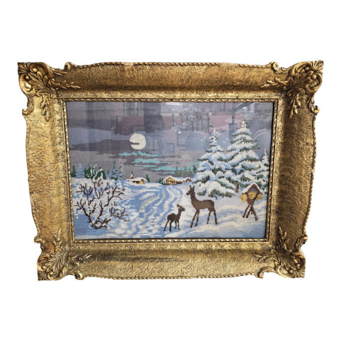 mid century modern large winter night scene needlepoint in ornate gold gesso frame 1856