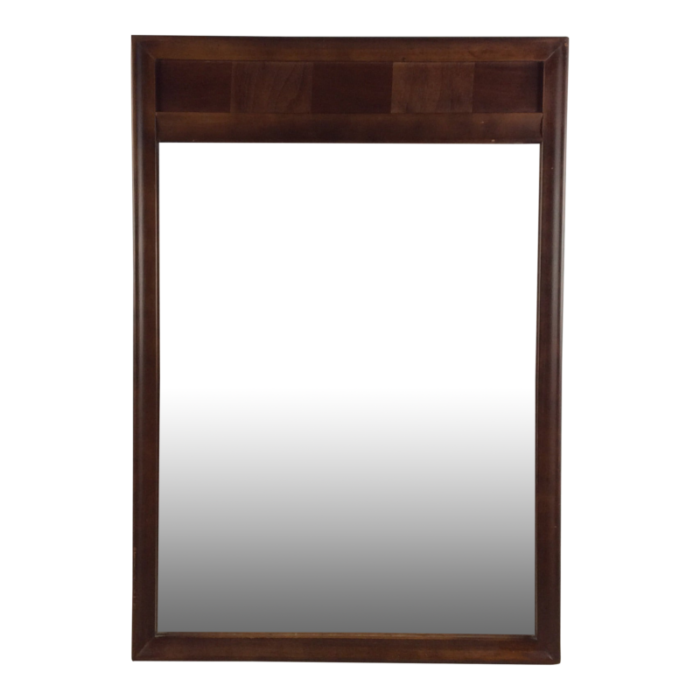 mid century modern wall mirror with beveled frame and walnut inlay 7468