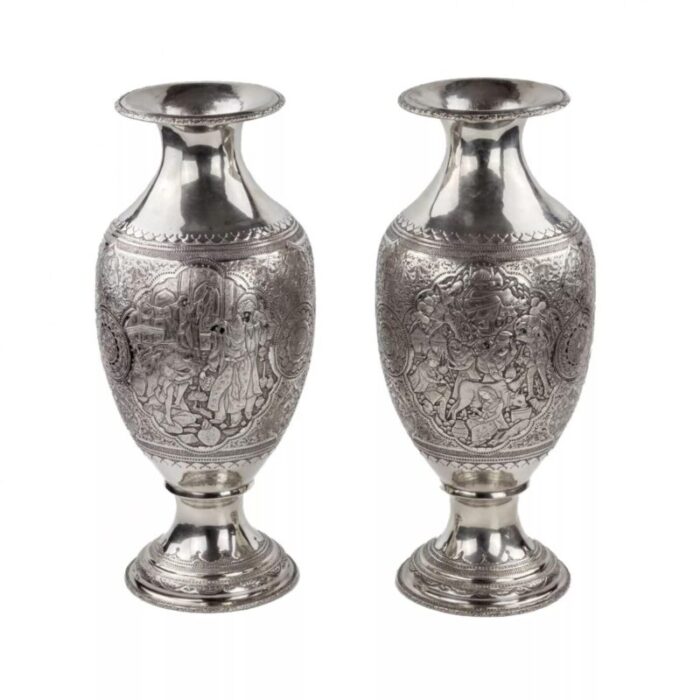 middle eastern amphora shaped silver vases set of 2 1