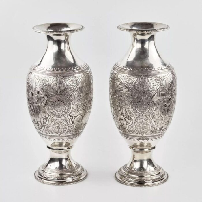 middle eastern amphora shaped silver vases set of 2 2