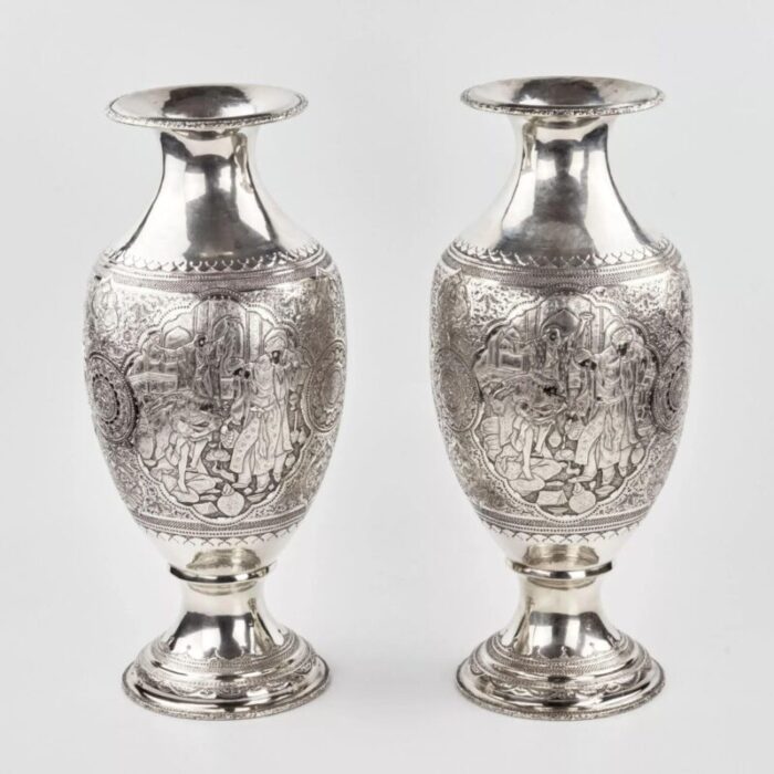 middle eastern amphora shaped silver vases set of 2 3