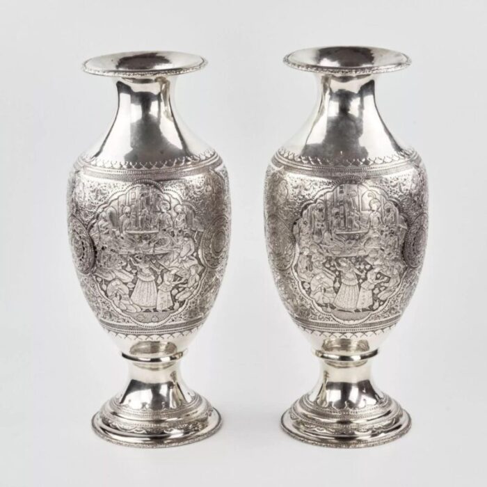 middle eastern amphora shaped silver vases set of 2 4