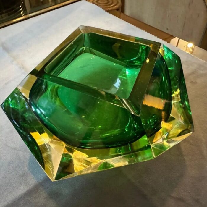 modernist faceted yellow and green sommerso murano glass ashtray attributed to seguso 1970s 9