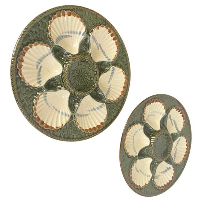 oyster plates in green and white majolica from longchamp 19th century set of 2 1