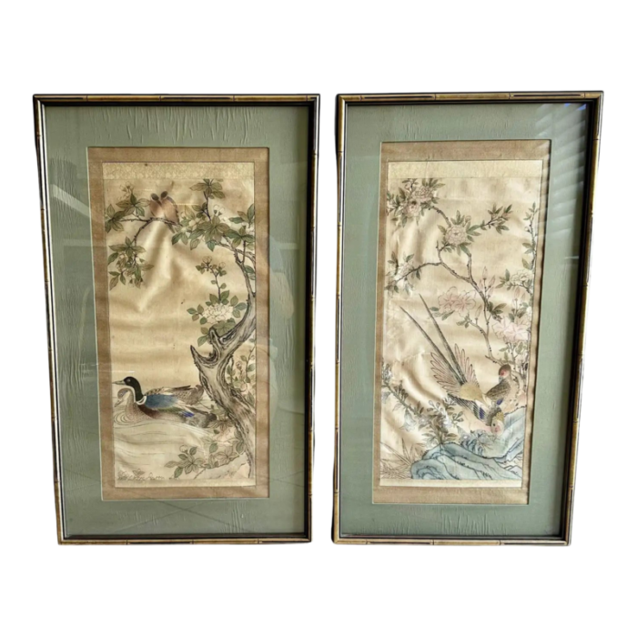 pair chinese silk scroll framed paintings 2070