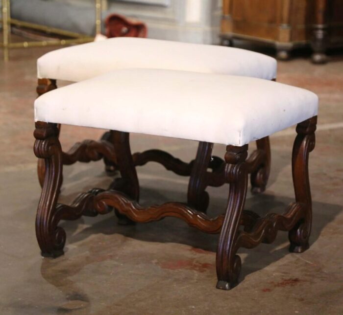 pair of 19th century french louis xiii carved walnut stools with white muslin 4345