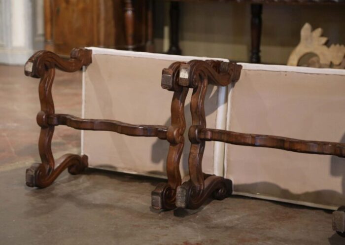 pair of 19th century french louis xiii carved walnut stools with white muslin 5512