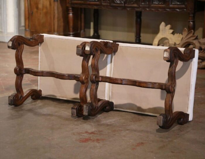 pair of 19th century french louis xiii carved walnut stools with white muslin 7209